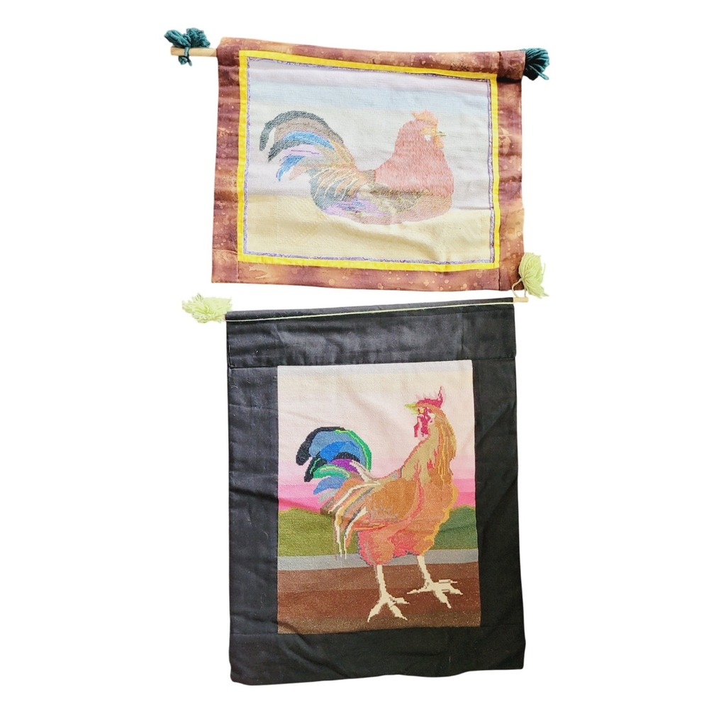 Vintage Woven Rooster Wall Hanging Set of 2 Farmhouse Textile Art with Tassels
